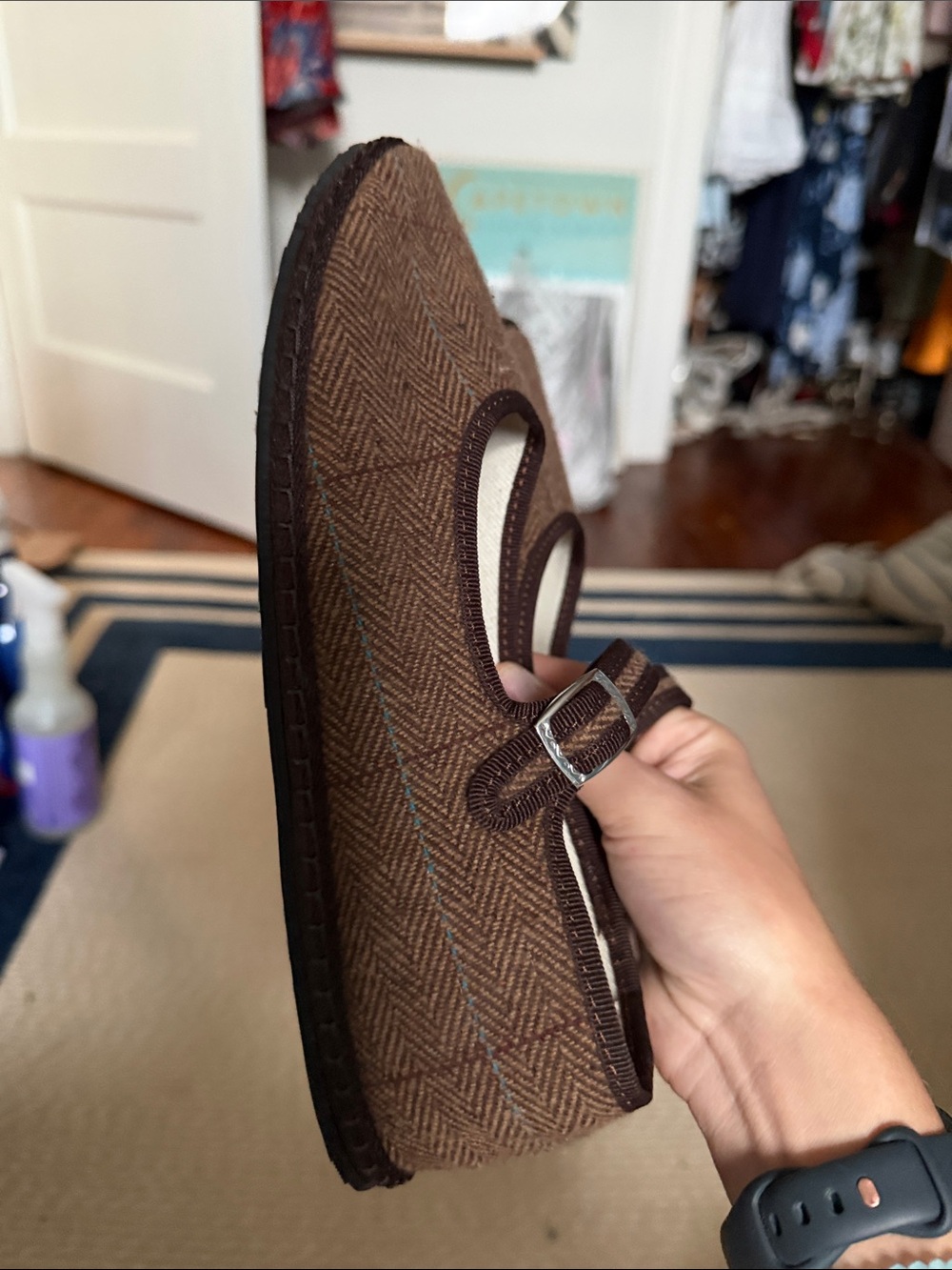 Herringbone Mary Jane Flat in Brown with Buckle Strap
